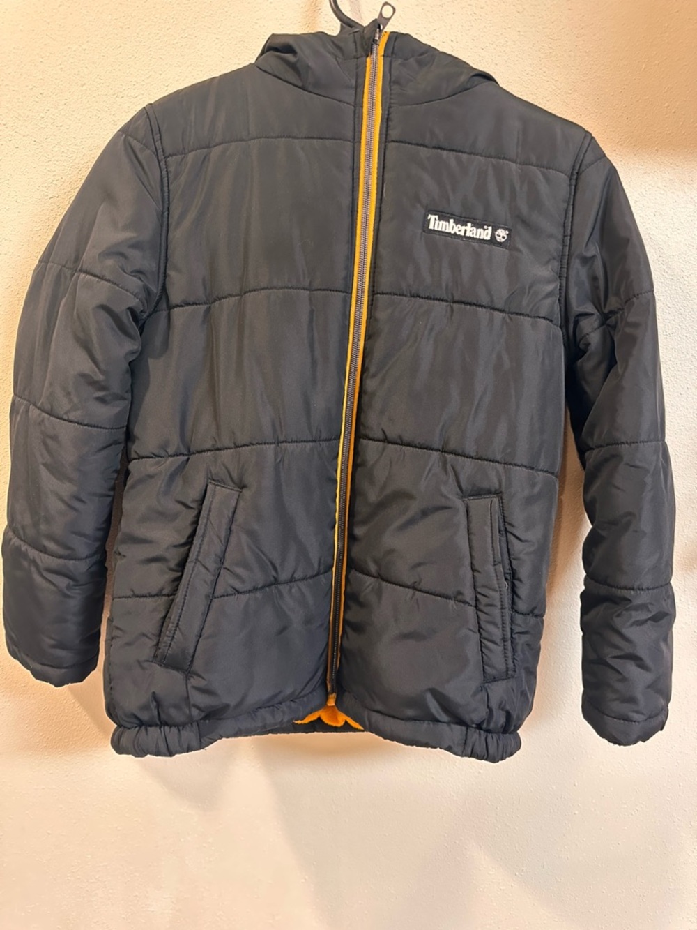 Timberland Black Puffer Jacket with Yellow Zip Trim